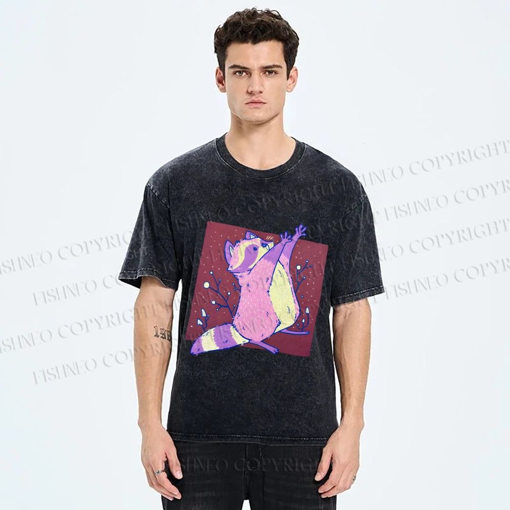 Unisex Chubby Raccoon Printed Washed Tee