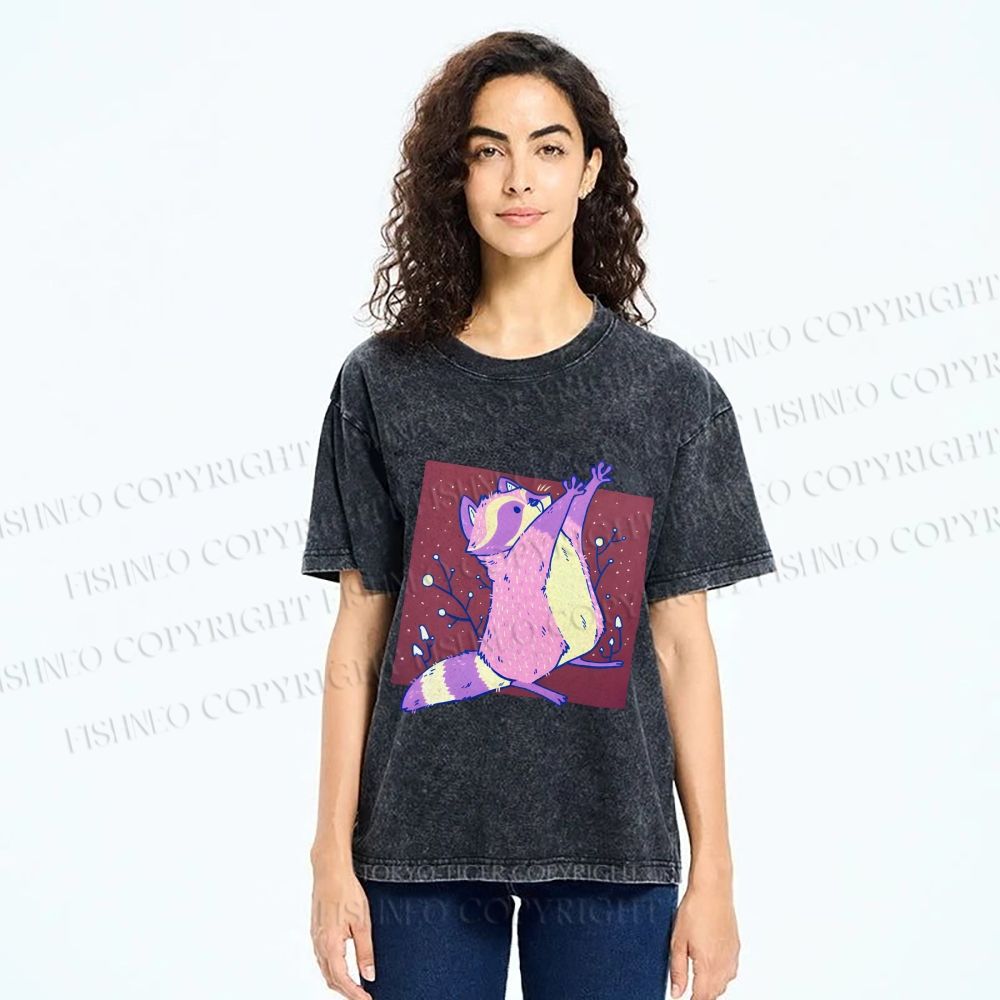 Unisex Chubby Raccoon Printed Washed Tee