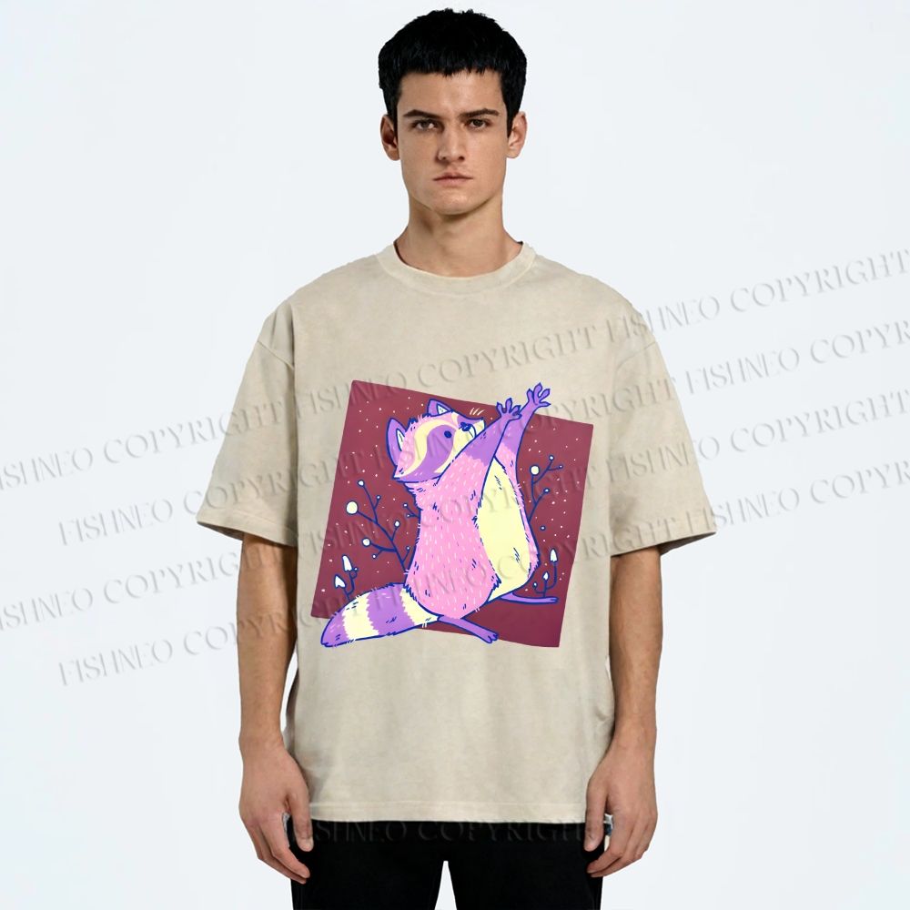 Unisex Chubby Raccoon Printed Washed Tee