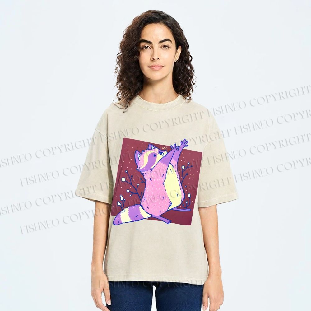 Unisex Chubby Raccoon Printed Washed Tee