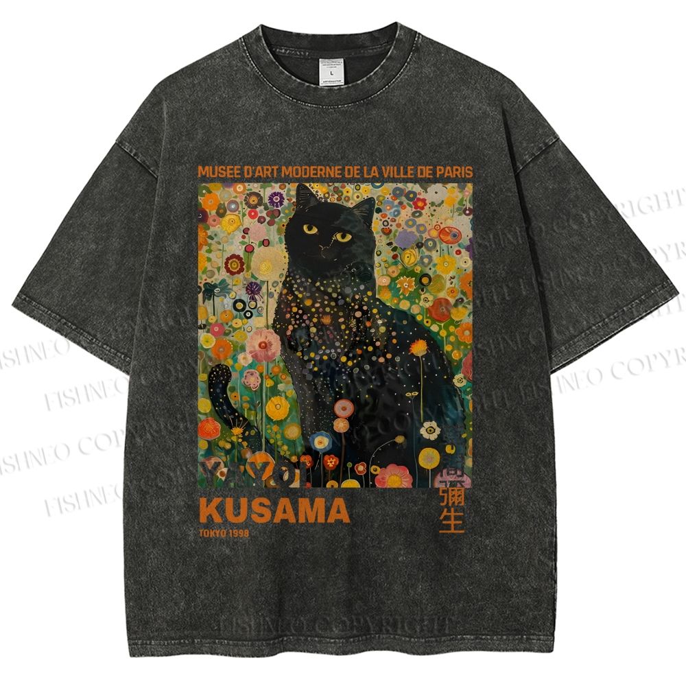 Unisex Yayoi Kusama Black Cat in Flowers Printed Washed Tee