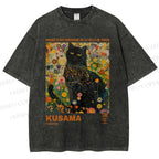 Unisex Yayoi Kusama Black Cat in Flowers Printed Washed Tee