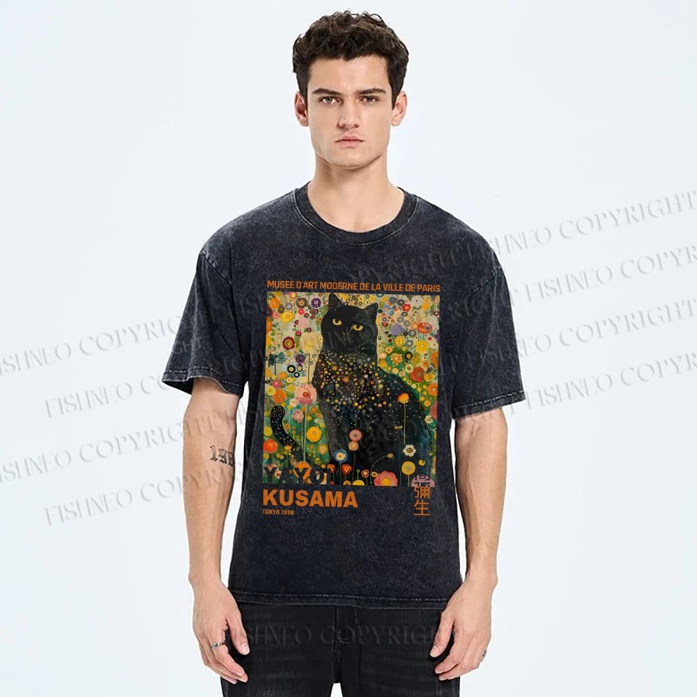 Unisex Yayoi Kusama Black Cat in Flowers Printed Washed Tee