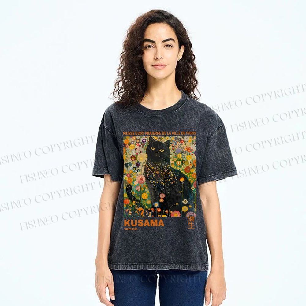 Unisex Yayoi Kusama Black Cat in Flowers Printed Washed Tee