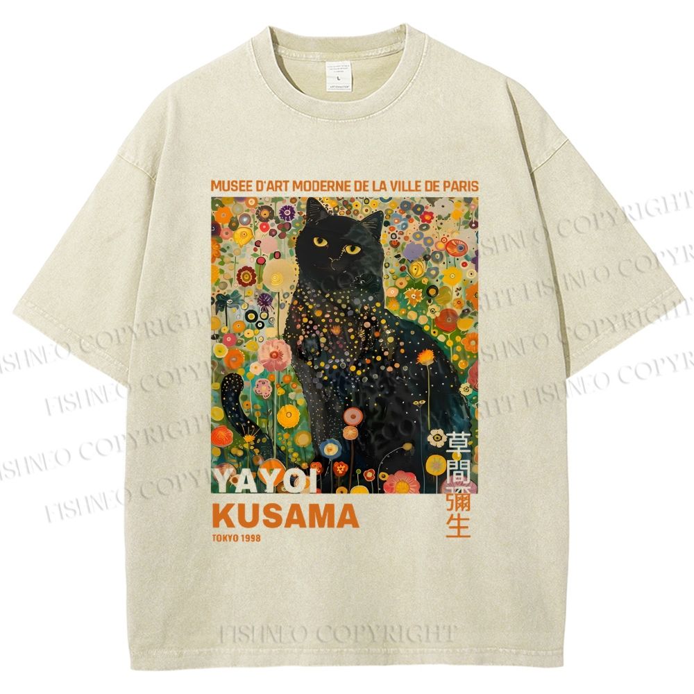 Unisex Yayoi Kusama Black Cat in Flowers Printed Washed Tee