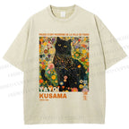 Unisex Yayoi Kusama Black Cat in Flowers Printed Washed Tee