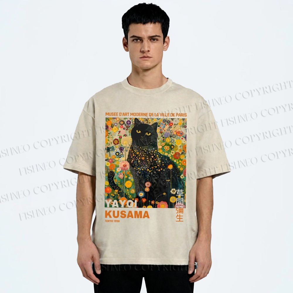 Unisex Yayoi Kusama Black Cat in Flowers Printed Washed Tee