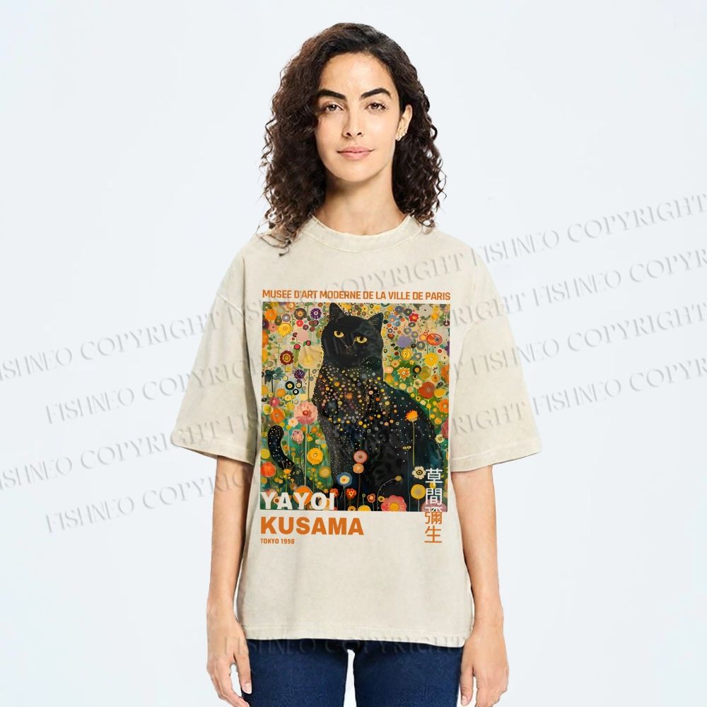 Unisex Yayoi Kusama Black Cat in Flowers Printed Washed Tee