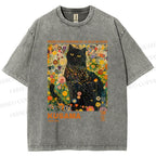 Unisex Yayoi Kusama Black Cat in Flowers Printed Washed Tee