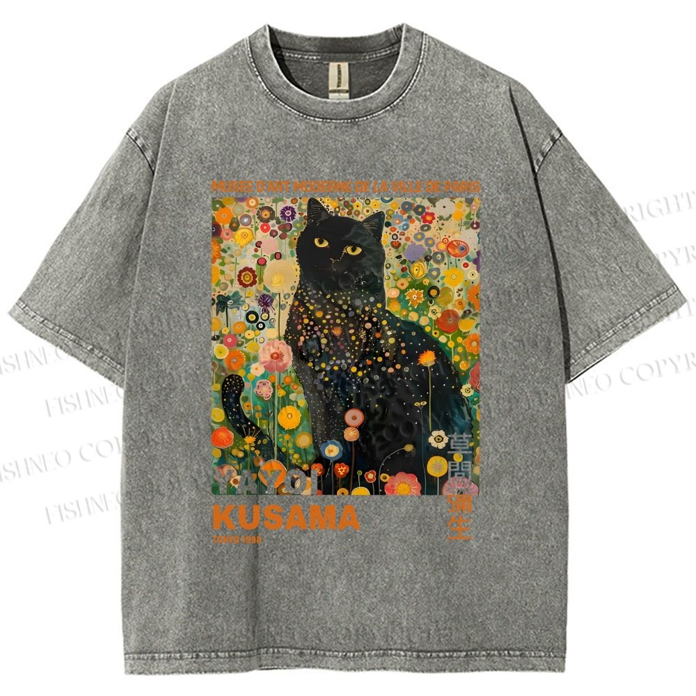 Unisex Yayoi Kusama Black Cat in Flowers Printed Washed Tee