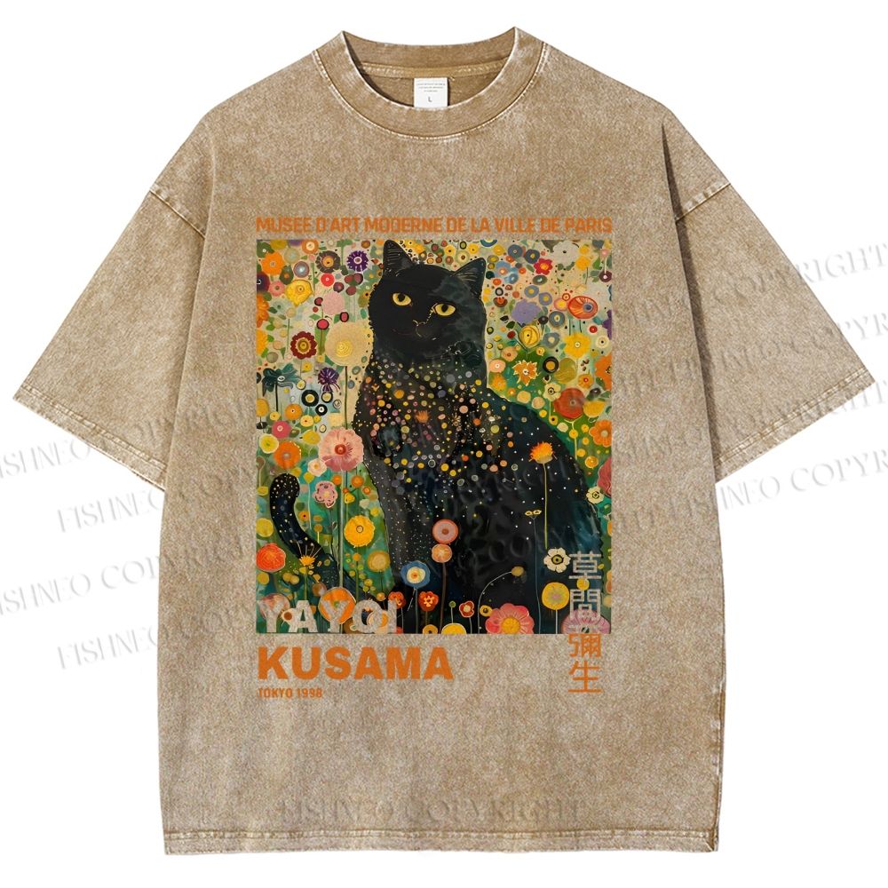 Unisex Yayoi Kusama Black Cat in Flowers Printed Washed Tee
