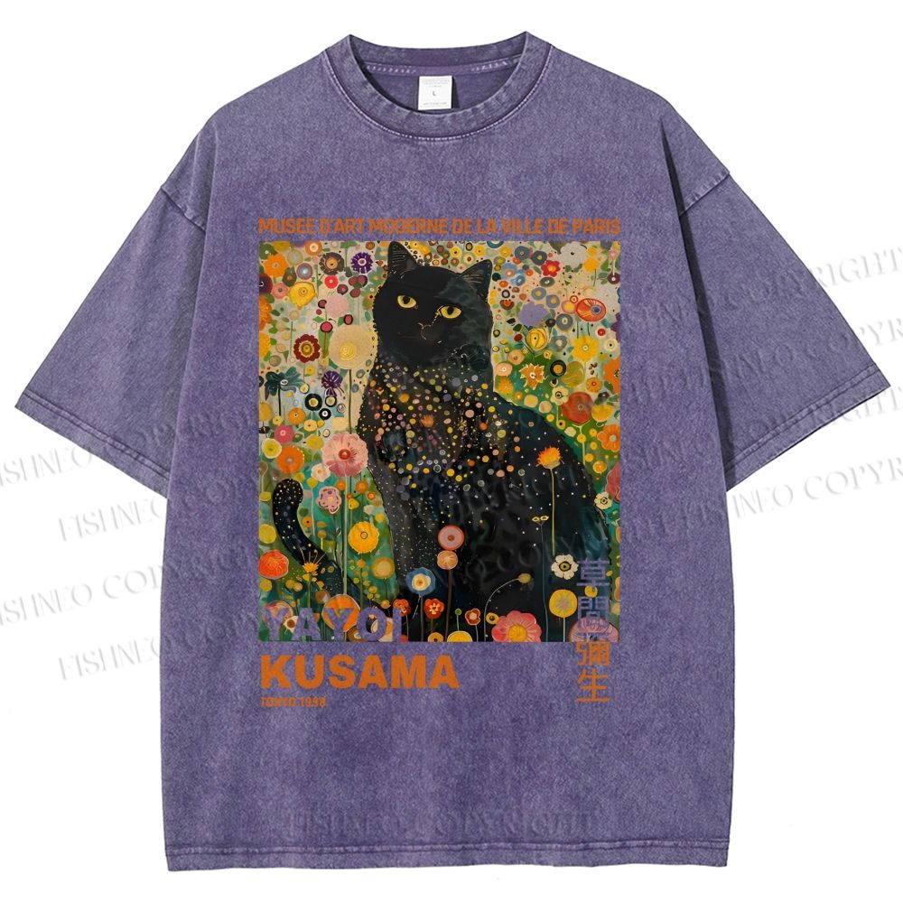 Unisex Yayoi Kusama Black Cat in Flowers Printed Washed Tee