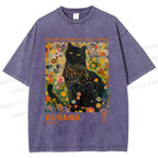 Unisex Yayoi Kusama Black Cat in Flowers Printed Washed Tee