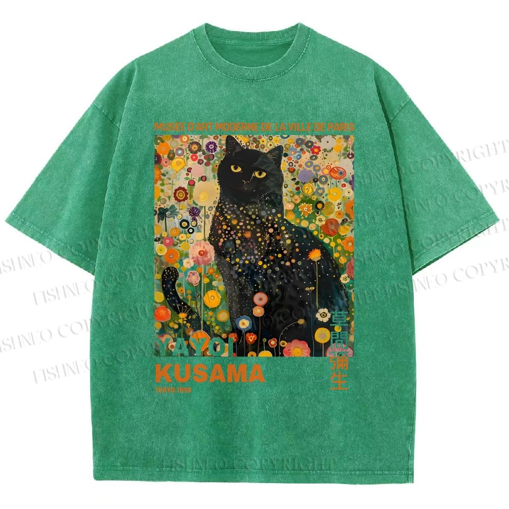 Unisex Yayoi Kusama Black Cat in Flowers Printed Washed Tee