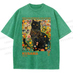 Unisex Yayoi Kusama Black Cat in Flowers Printed Washed Tee
