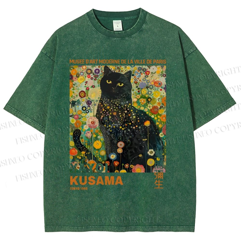 Unisex Yayoi Kusama Black Cat in Flowers Printed Washed Tee