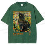 Unisex Yayoi Kusama Black Cat in Flowers Printed Washed Tee