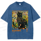 Unisex Yayoi Kusama Black Cat in Flowers Printed Washed Tee