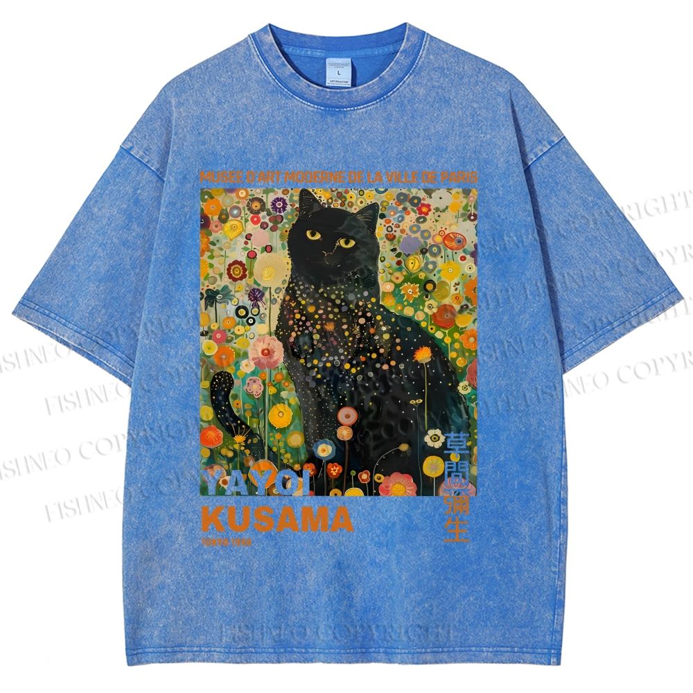 Unisex Yayoi Kusama Black Cat in Flowers Printed Washed Tee