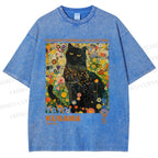 Unisex Yayoi Kusama Black Cat in Flowers Printed Washed Tee