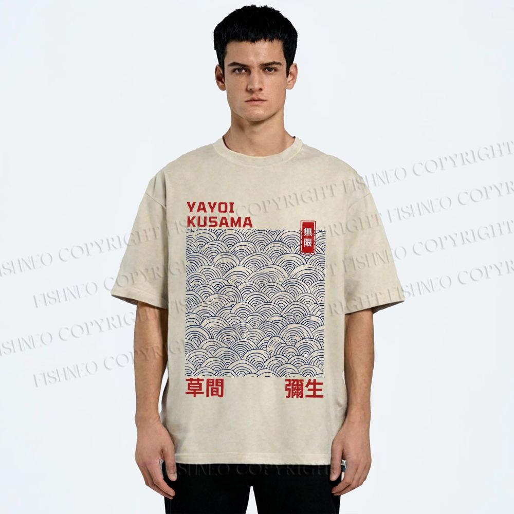 Unisex Yayoi Kusama Line Wave Printed Washed Tee