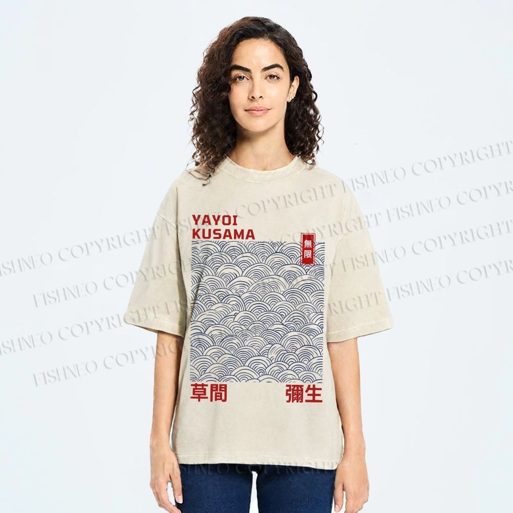 Unisex Yayoi Kusama Line Wave Printed Washed Tee