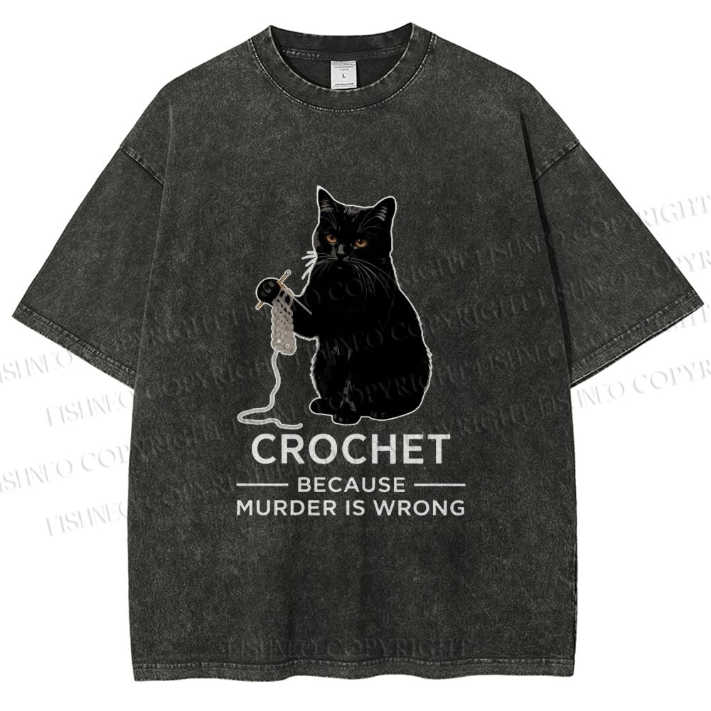 Unisex Cat Crocheting To Avoid Trouble Printed Washed Tee