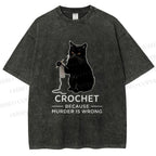 Unisex Cat Crocheting To Avoid Trouble Printed Washed Tee