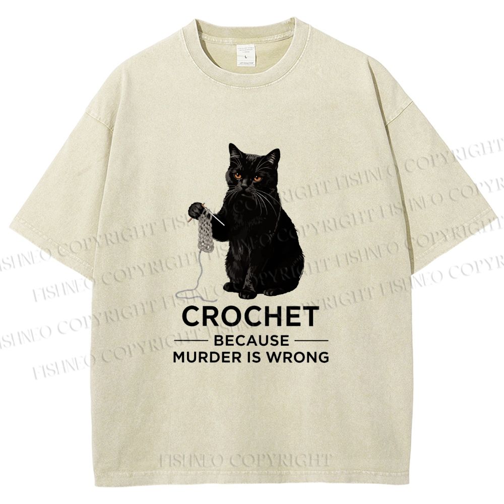 Unisex Cat Crocheting To Avoid Trouble Printed Washed Tee