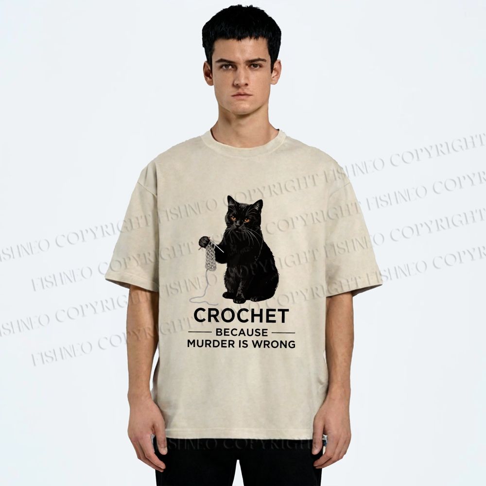 Unisex Cat Crocheting To Avoid Trouble Printed Washed Tee