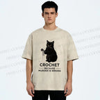 Unisex Cat Crocheting To Avoid Trouble Printed Washed Tee