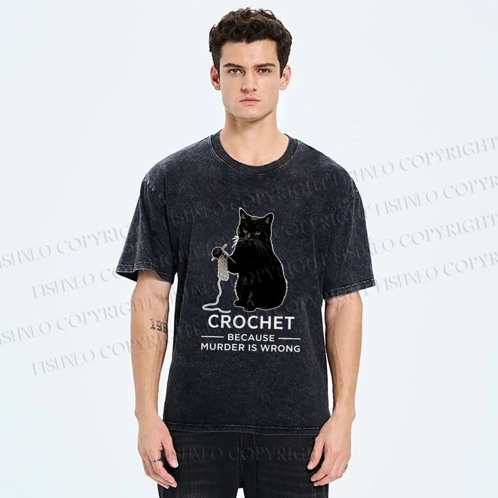 Unisex Cat Crocheting To Avoid Trouble Printed Washed Tee