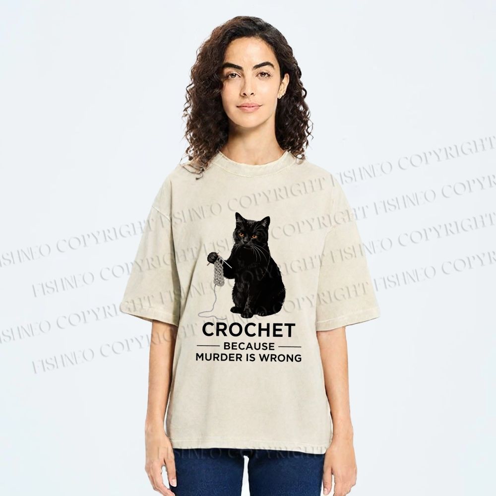 Unisex Cat Crocheting To Avoid Trouble Printed Washed Tee