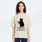 Unisex Cat Crocheting To Avoid Trouble Printed Washed Tee