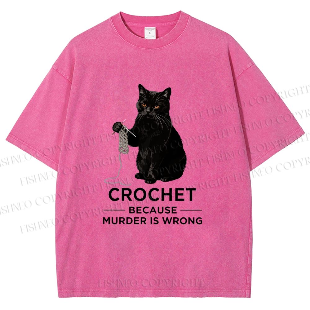 Unisex Cat Crocheting To Avoid Trouble Printed Washed Tee