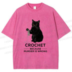 Unisex Cat Crocheting To Avoid Trouble Printed Washed Tee