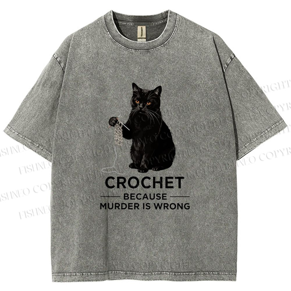 Unisex Cat Crocheting To Avoid Trouble Printed Washed Tee