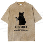 Unisex Cat Crocheting To Avoid Trouble Printed Washed Tee