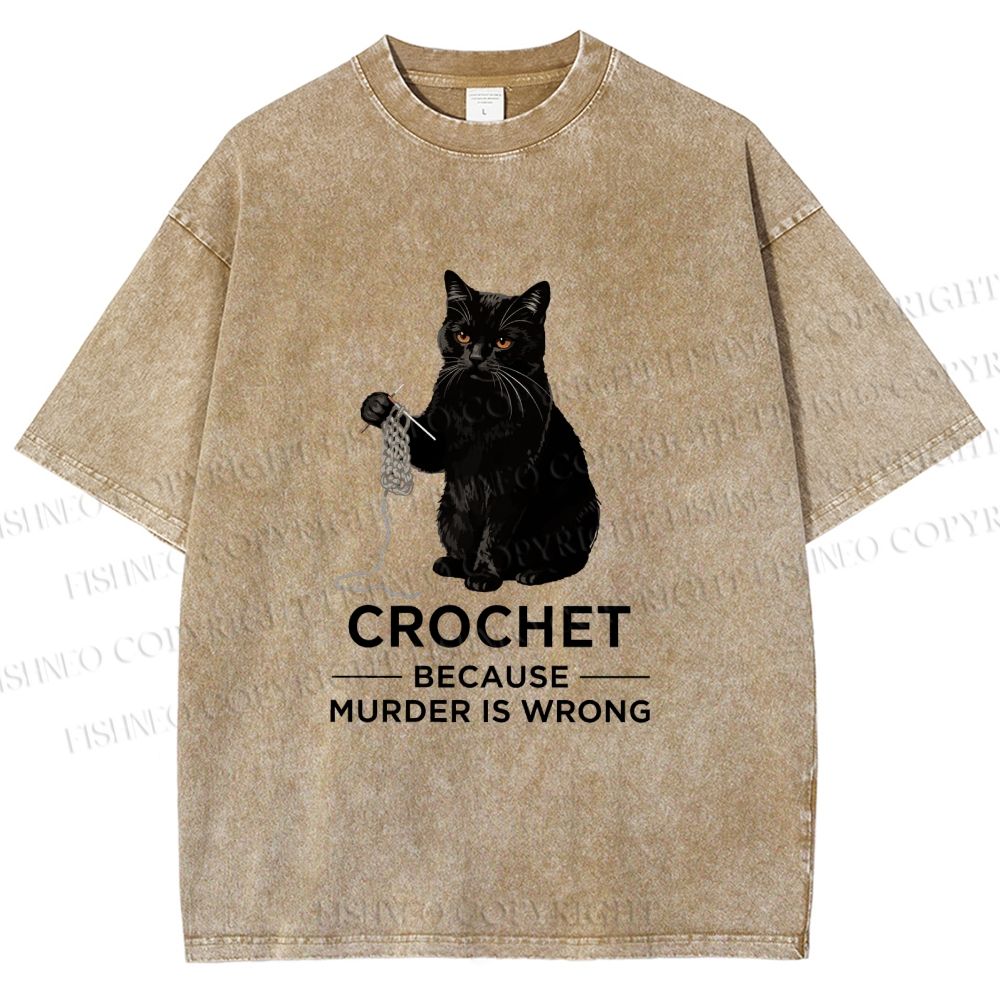 Unisex Cat Crocheting To Avoid Trouble Printed Washed Tee
