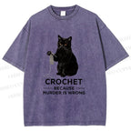 Unisex Cat Crocheting To Avoid Trouble Printed Washed Tee
