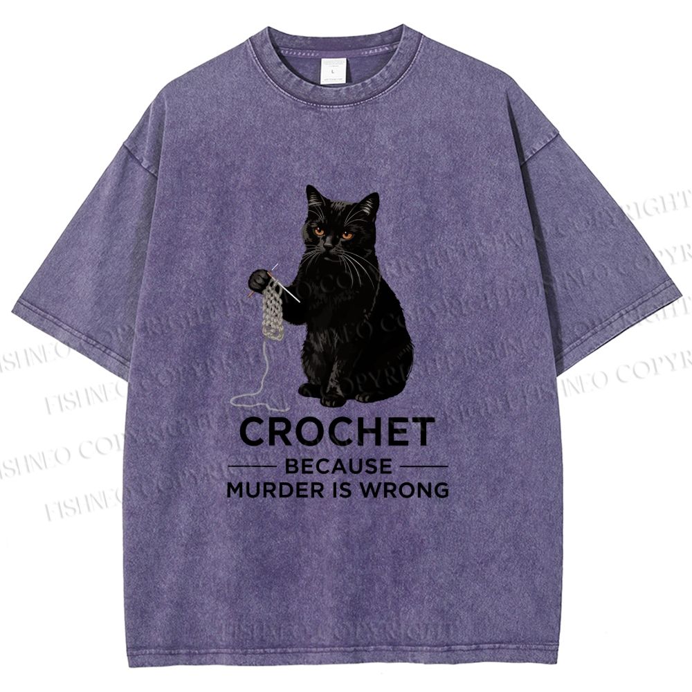 Unisex Cat Crocheting To Avoid Trouble Printed Washed Tee