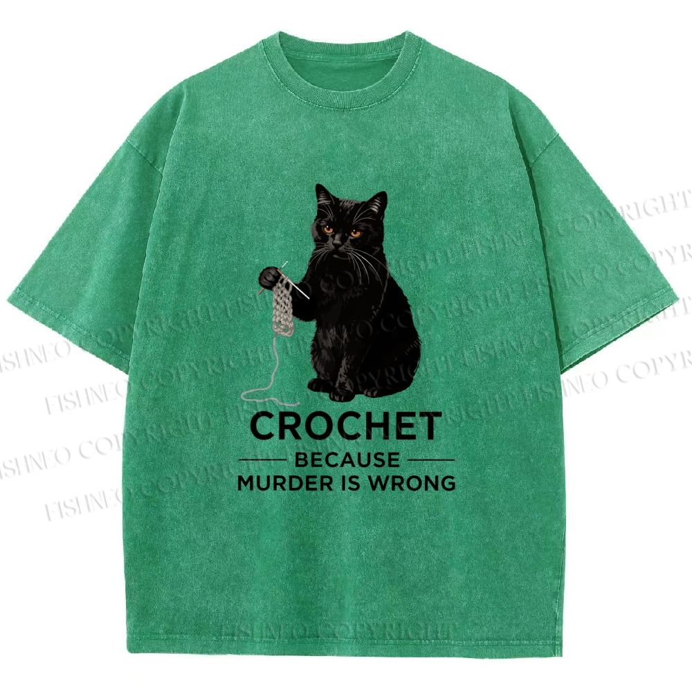 Unisex Cat Crocheting To Avoid Trouble Printed Washed Tee