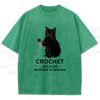 Unisex Cat Crocheting To Avoid Trouble Printed Washed Tee