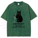 Unisex Cat Crocheting To Avoid Trouble Printed Washed Tee