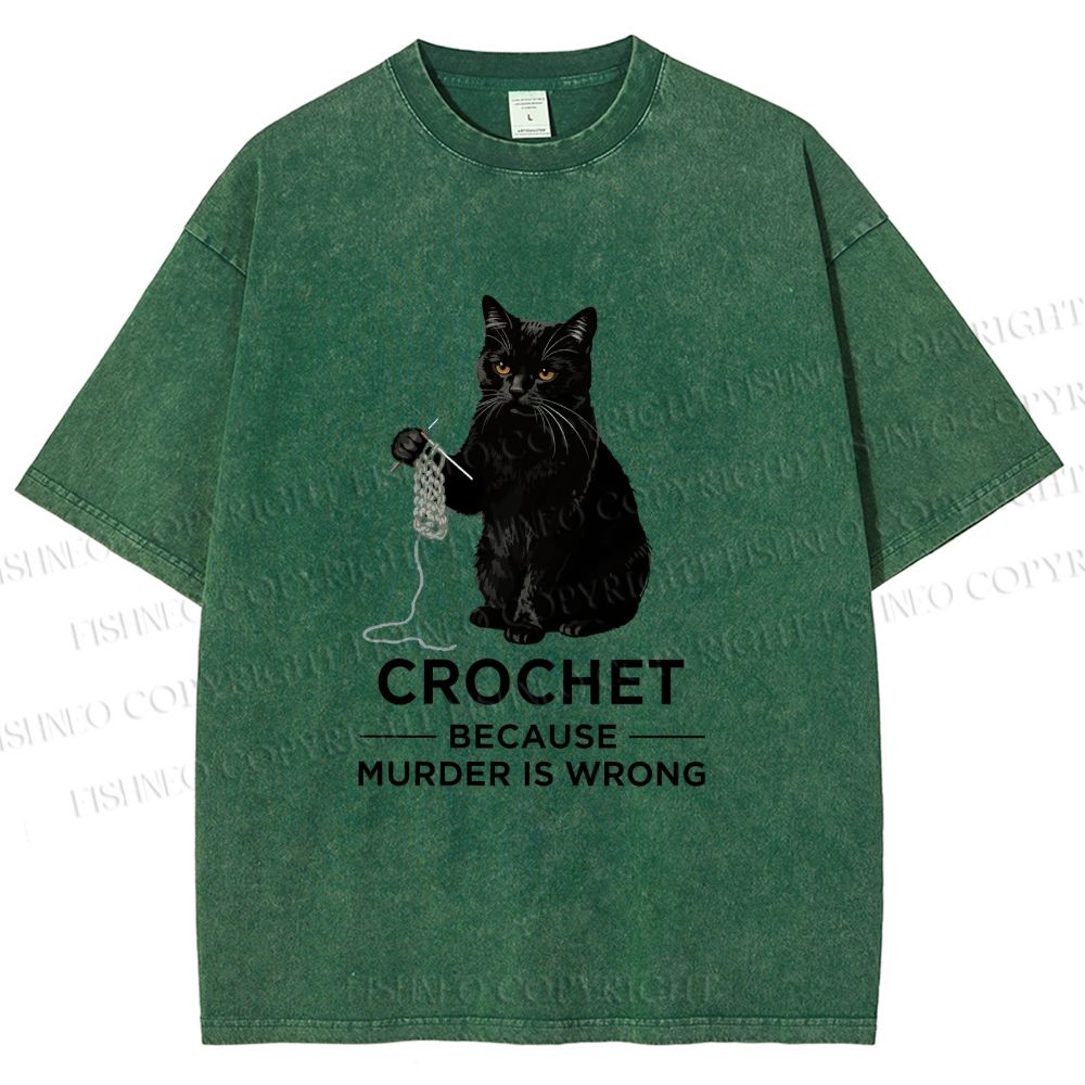 Unisex Cat Crocheting To Avoid Trouble Printed Washed Tee