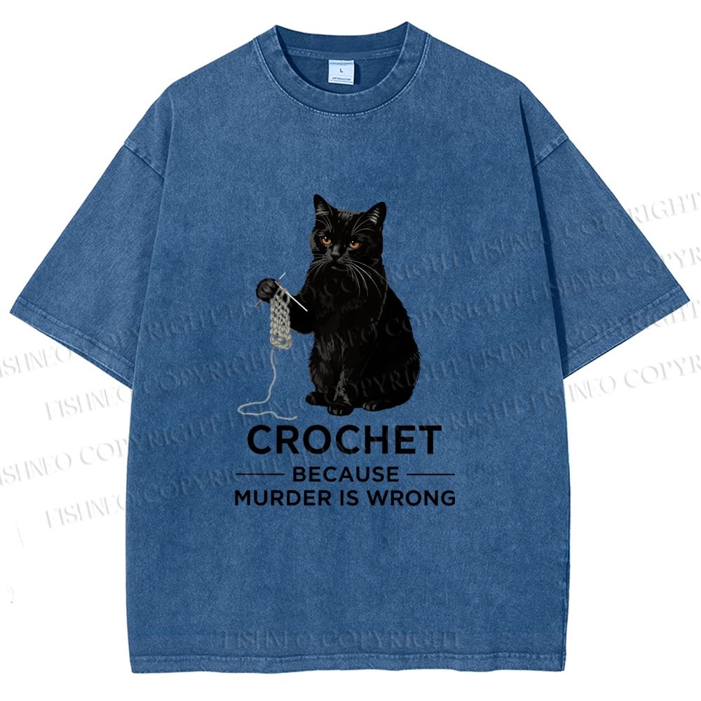 Unisex Cat Crocheting To Avoid Trouble Printed Washed Tee