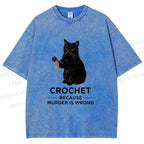 Unisex Cat Crocheting To Avoid Trouble Printed Washed Tee