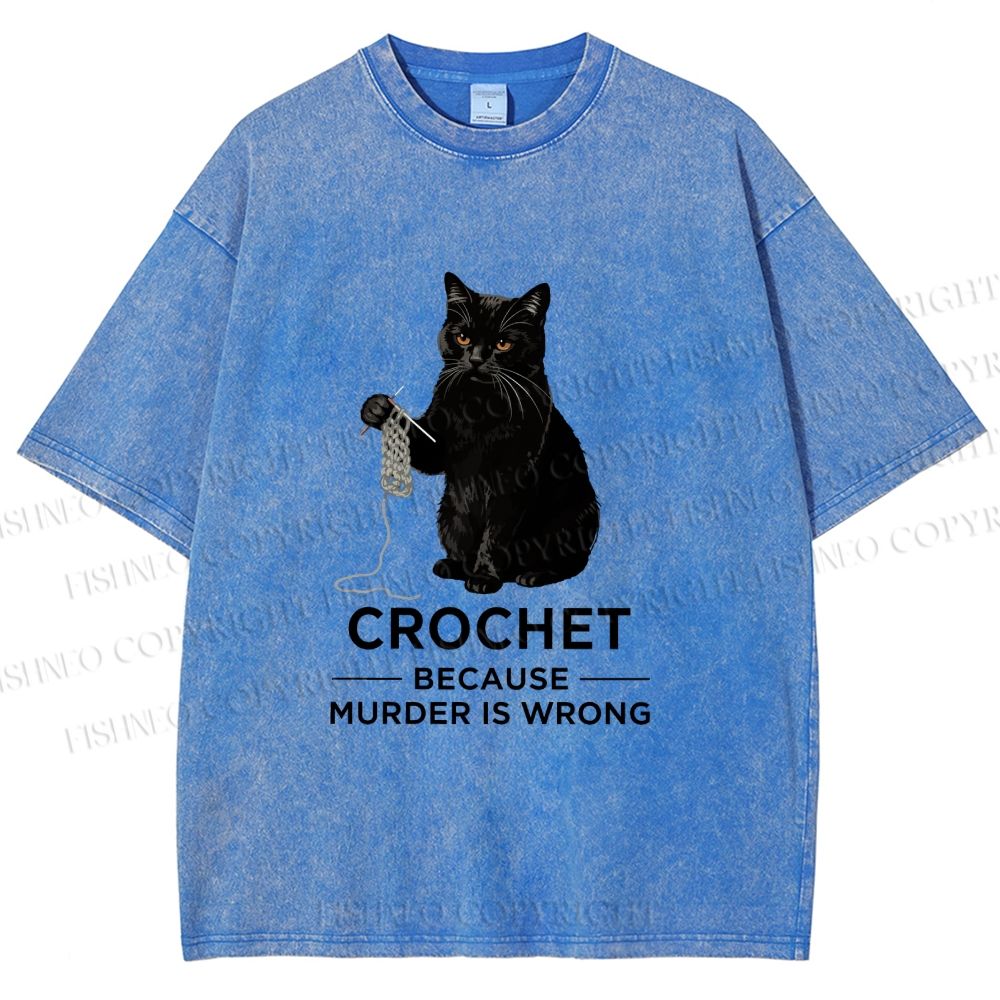 Unisex Cat Crocheting To Avoid Trouble Printed Washed Tee