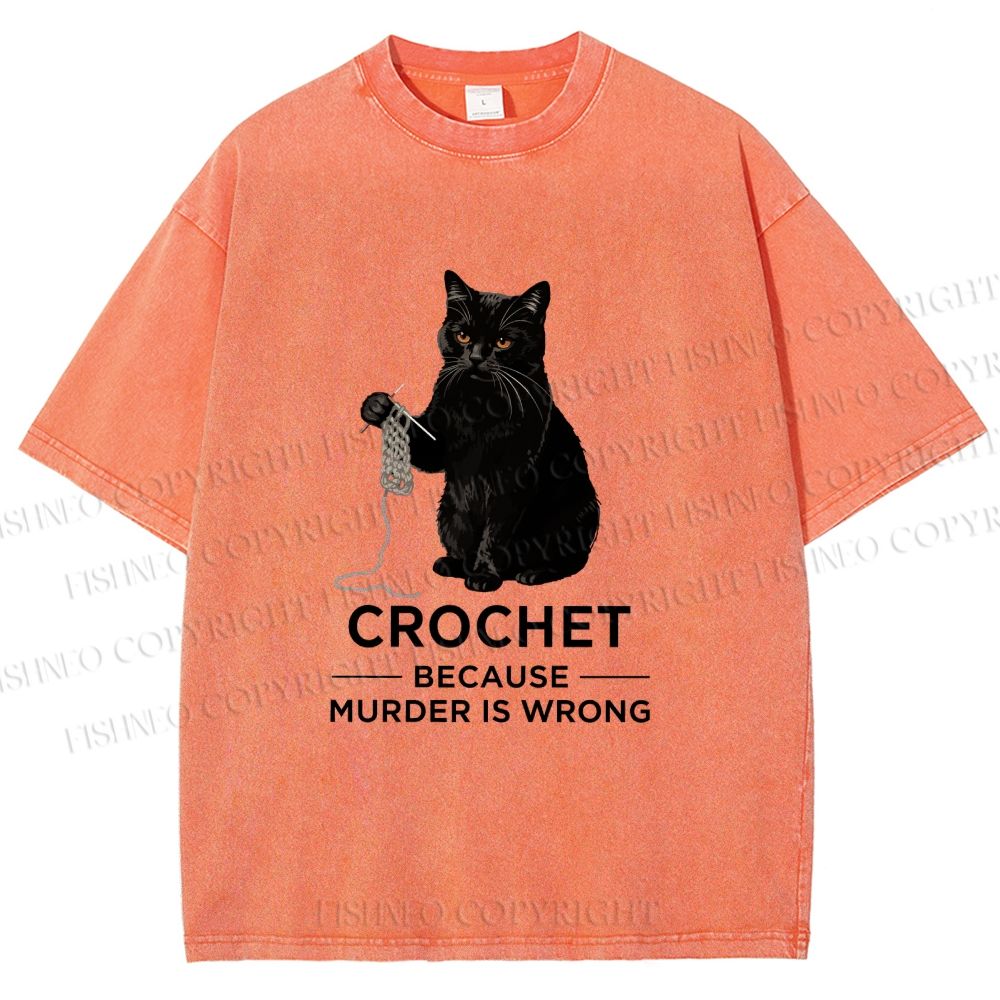 Unisex Cat Crocheting To Avoid Trouble Printed Washed Tee