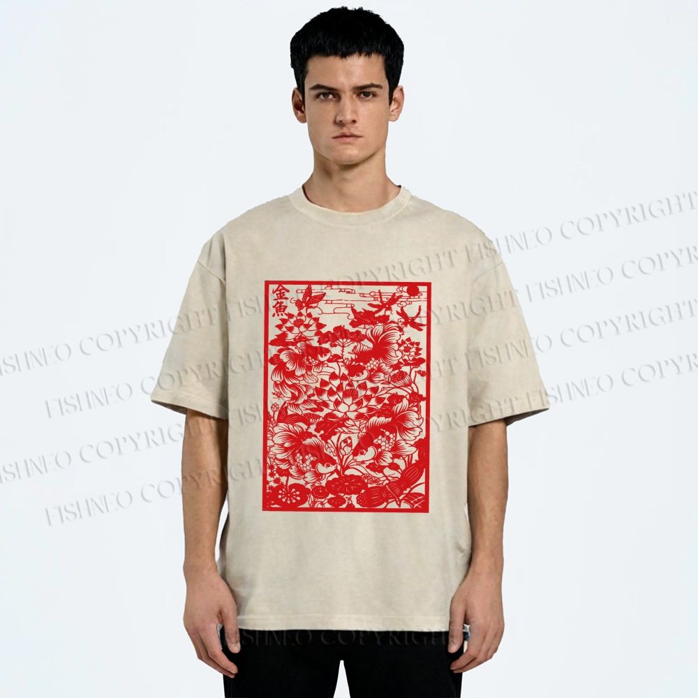 Unisex Prosperity Goldfish Printed Washed Tee